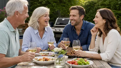 Grown-up family laughing around a backyard barbecue table