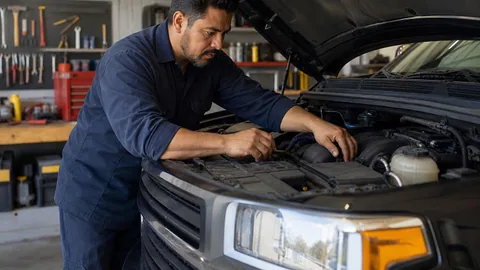 Man working on a pickup truck engine in a home garage