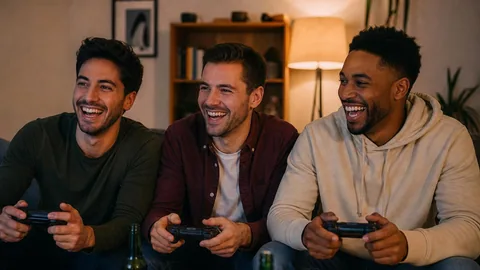 Three friends laughing on the couch with game controllers