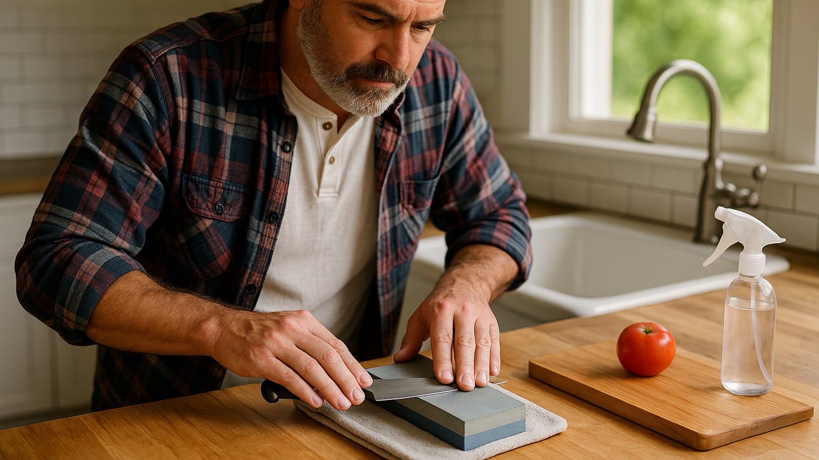 Sharpen a kitchen knife on a whetstone without guessing