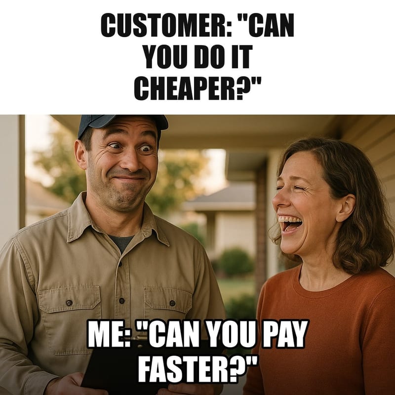 A contractor in work clothes holding a clipboard, giving a tight polite smile to a customer on a suburban front porch. Caption: "Customer: "Can you do it cheaper?" Me: "Can you pay faster?""