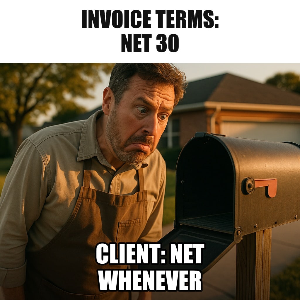 A small business owner standing at a mailbox at the end of a driveway, peering inside it and finding it completely empty, long shadow of evening. Caption: "Invoice terms: net 30 Client: net whenever"