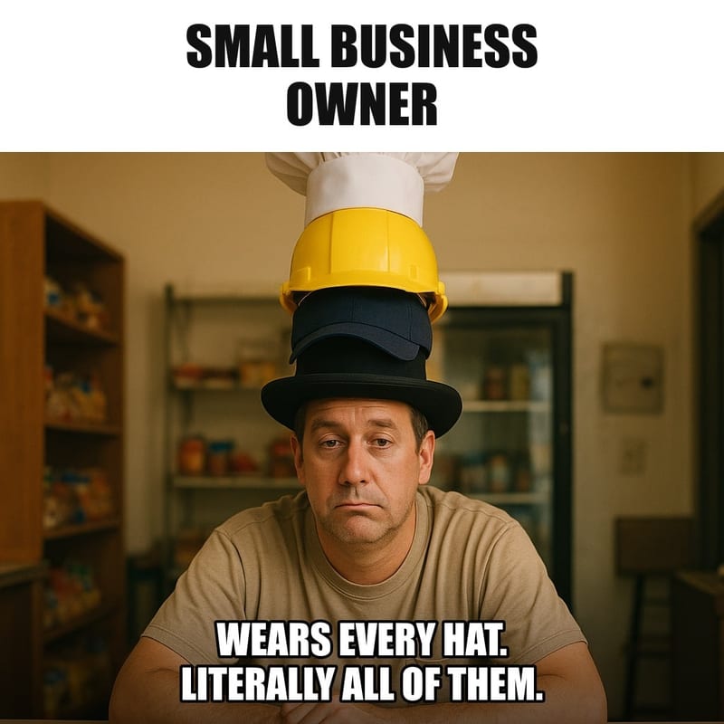 A tired man at a small shop counter wearing a tall stack of different hats piled on his head: a hard hat, a chef hat, a baseball cap, a top hat, deadpan expression. Caption: "Small business owner Wears every hat. Literally all of them."