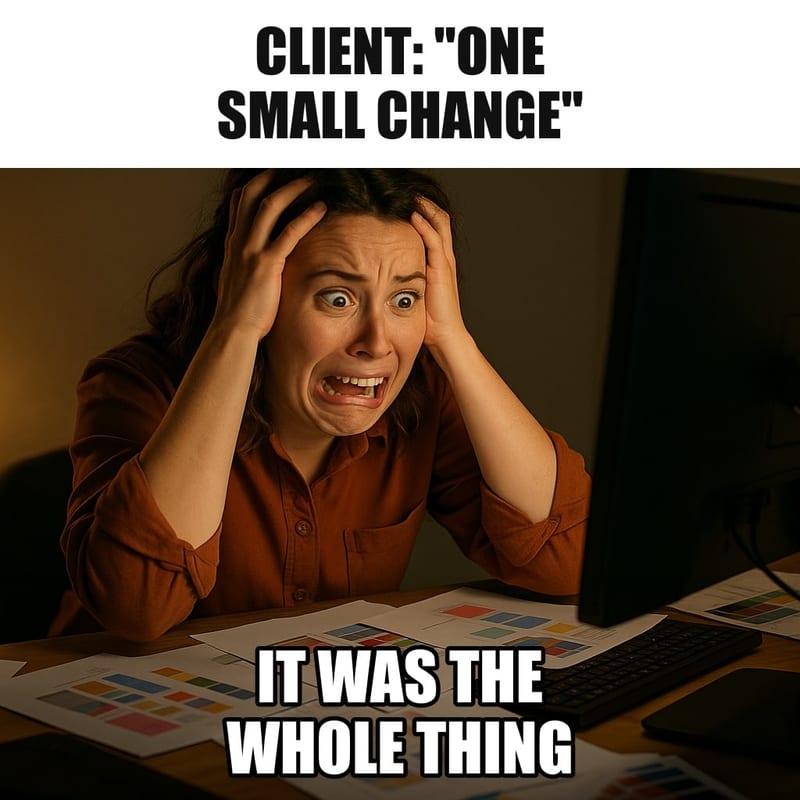 A graphic designer at a desk with her head in both hands in front of a large monitor, papers scattered, late at night. Caption: "Client: "One small change" It was the whole thing"