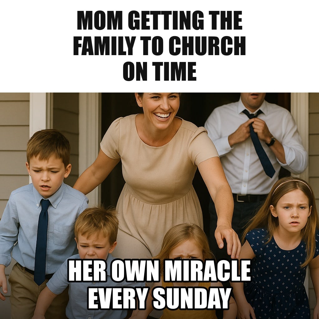 A mom in a Sunday dress herding four kids out the front door, one kid missing a shoe, dad tying his tie on the run, mom smiling determinedly. Caption: "Mom getting the family to church on time Her own miracle every Sunday"