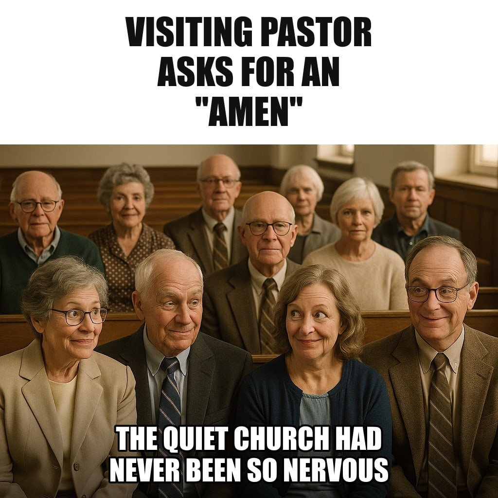 A traditional congregation of mostly older people sitting very upright and still in pews, looking at each other nervously with polite stiff smiles. Caption: "Visiting pastor asks for an "amen" The quiet church had never been so nervous"