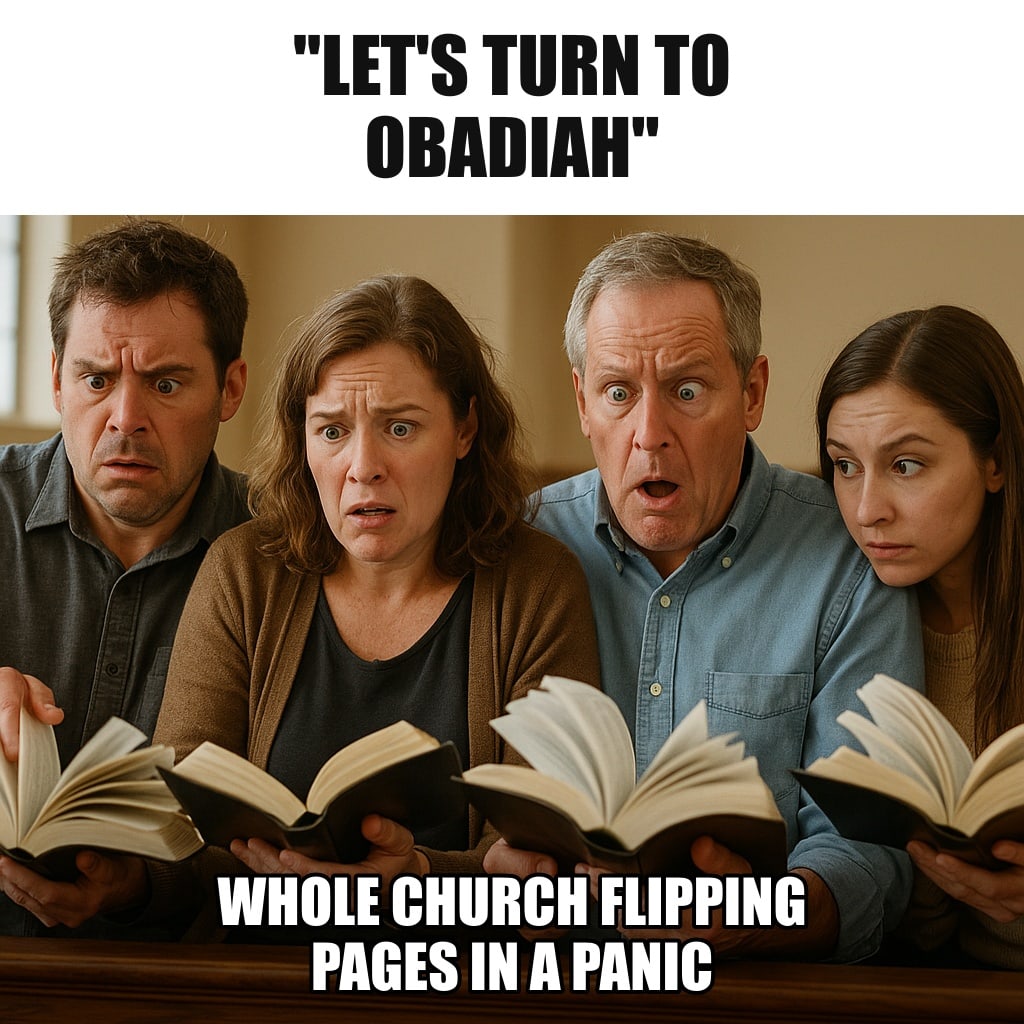 A row of people in a church pew hurriedly flipping through Bibles with slightly panicked faces, pages fanning, one person peeking at the neighbor's. Caption: ""Let's turn to Obadiah" Whole church flipping pages in a panic"