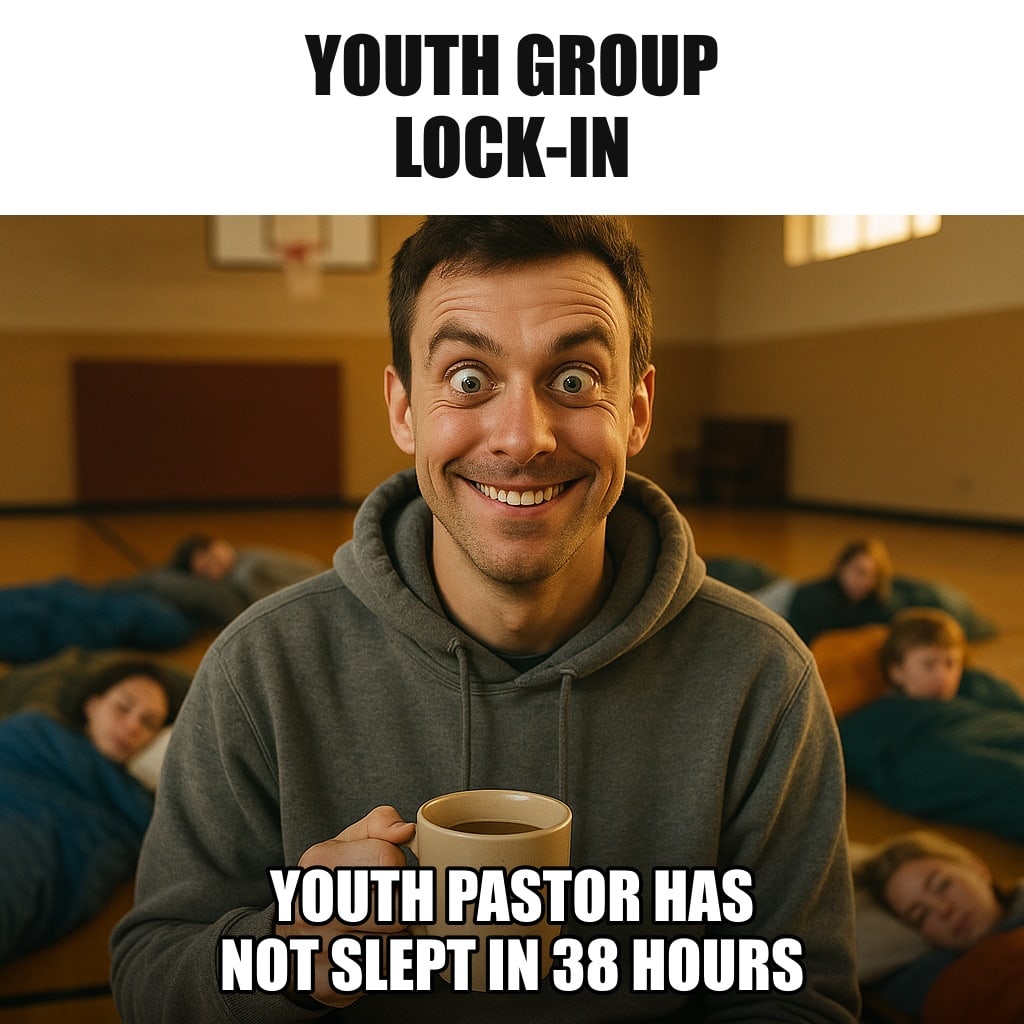 A young youth pastor in a hoodie sitting in a church gym at dawn surrounded by sleeping-bagged teens, holding a coffee, eyes wide open and twitching, smiling. Caption: "Youth group lock-in Youth pastor has not slept in 38 hours"