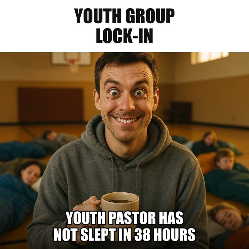 A young youth pastor in a hoodie sitting in a church gym at dawn surrounded by sleeping-bagged teens, holding a coffee, eyes wide open and twitching, smiling. Caption: "Youth group lock-in Youth pastor has not slept in 38 hours"