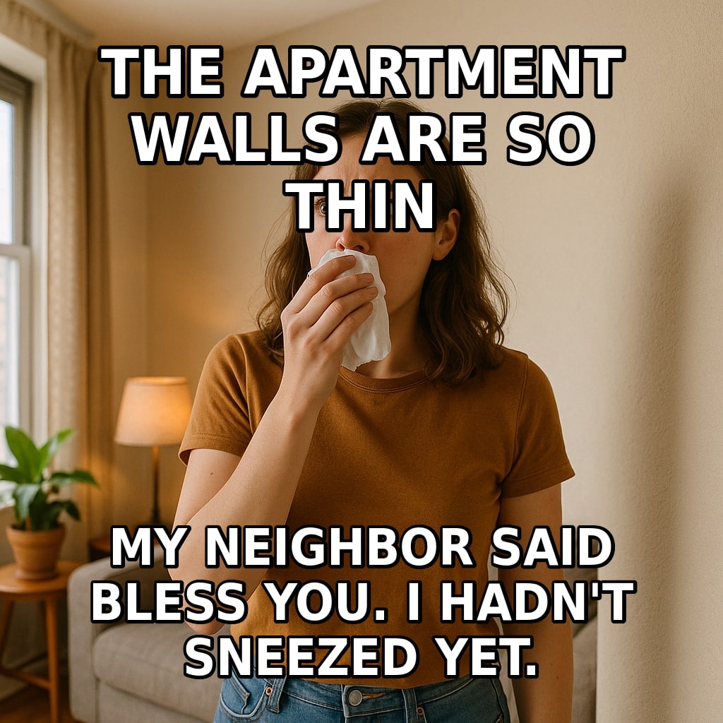 A startled young woman holding a tissue stares at her apartment wall in alarm. Caption: "The apartment walls are so thin My neighbor said bless you. I hadn't sneezed yet."
