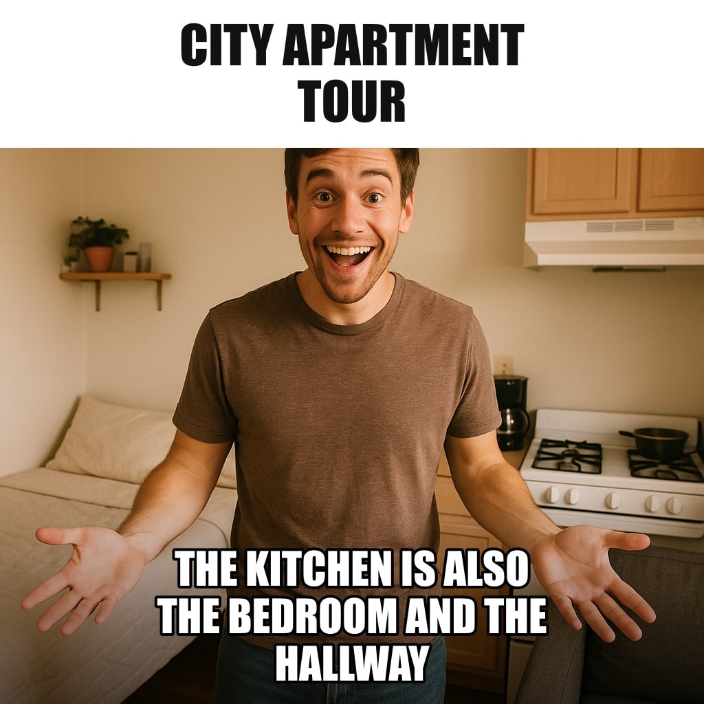 A tiny studio apartment where a bed, a stove and a sofa are all touching, a young man standing in the middle gesturing proudly like a real estate agent. Caption: "City apartment tour The kitchen is also the bedroom and the hallway"