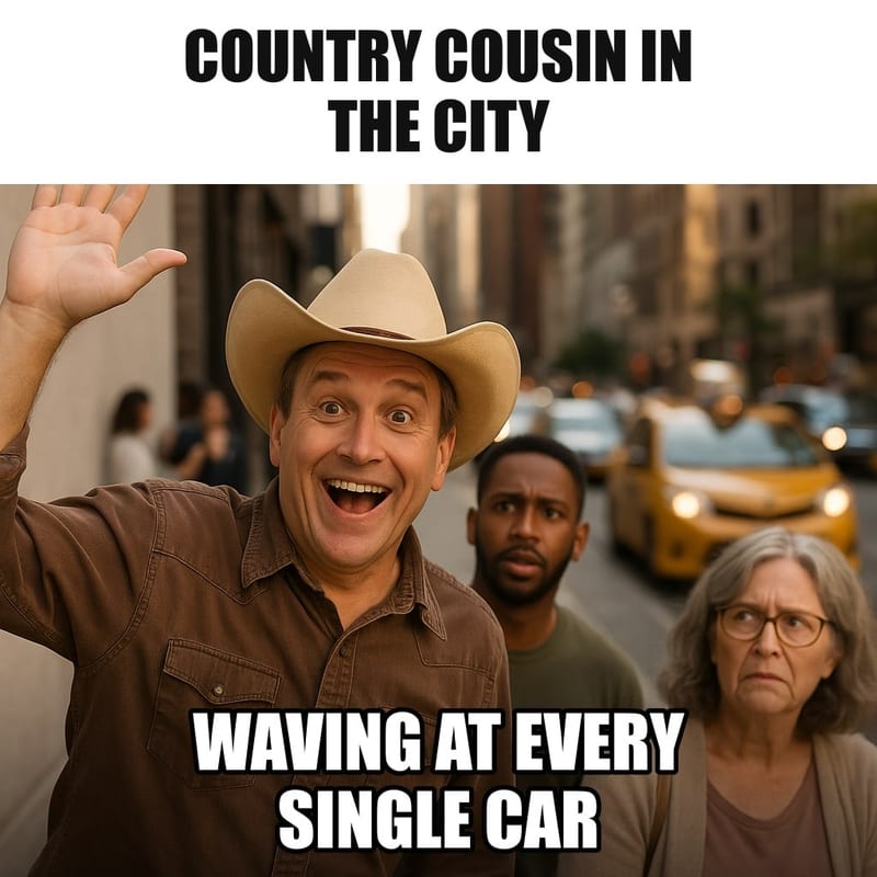 A friendly man in a cowboy hat on a busy city sidewalk cheerfully waving at passing cars and taxis, city dwellers staring at him. Caption: "Country cousin in the city Waving at every single car"