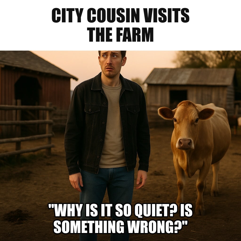 A young man in city clothes and clean white sneakers standing in the middle of a peaceful farmyard at dusk, looking around nervously, a cow staring at him. Caption: "City cousin visits the farm "Why is it so quiet? Is something wrong?""