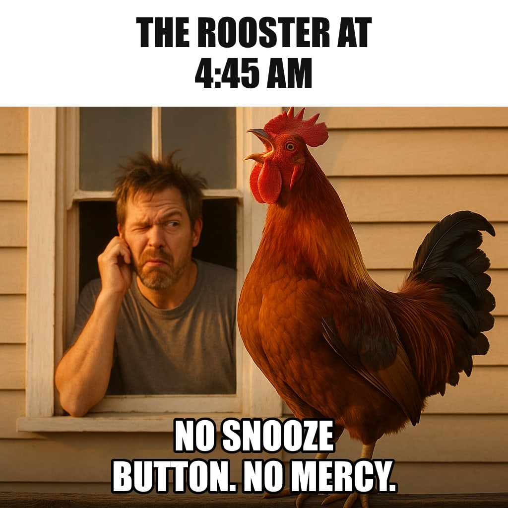A rooster on a wooden fence crowing loudly at dawn, and behind it through a farmhouse window a man squinting awake with messy hair. Caption: "The rooster at 4:45 AM No snooze button. No mercy."