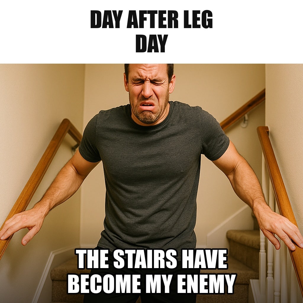 A fit man descending a staircase gripping both handrails, face contorted in pain, taking one careful step at a time. Caption: "Day after leg day The stairs have become my enemy"