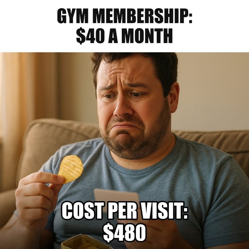 A man sitting on his couch eating chips while looking at a gym membership card in his other hand with a guilty face. Caption: "Gym membership: $40 a month Cost per visit: $480"