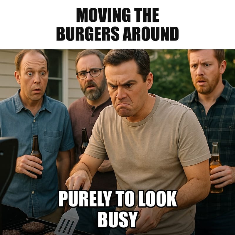 A man at a backyard grill flipping and sliding burgers with a spatula with great seriousness, as three other men stand beside him watching intently with drinks. Caption: "Moving the burgers around Purely to look busy"