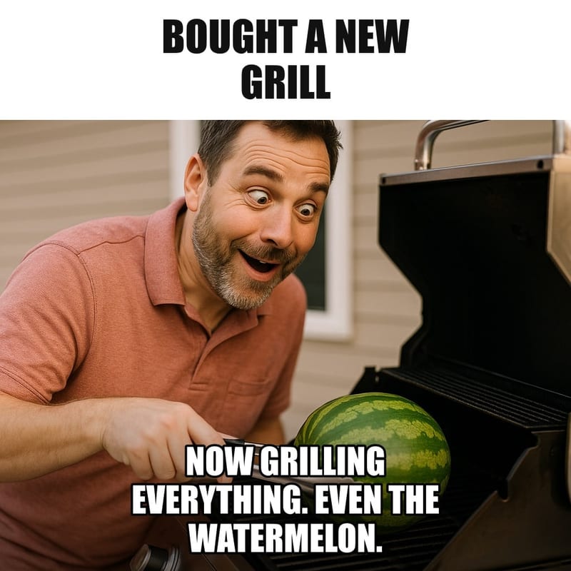 A cheerful dad at a shiny new grill, carefully placing a whole watermelon on the grate with tongs, with a look of great scientific curiosity. Caption: "Bought a new grill Now grilling everything. Even the watermelon."