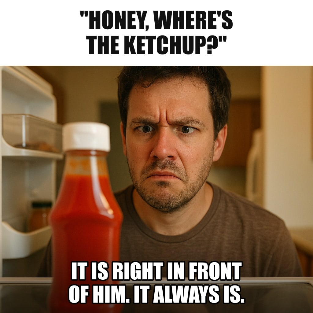 A man standing at an open refrigerator, staring blankly and confused, with a bottle of ketchup clearly visible at eye level right in front of his face. Caption: ""Honey, where's the ketchup?" It is right in front of him. It always is."