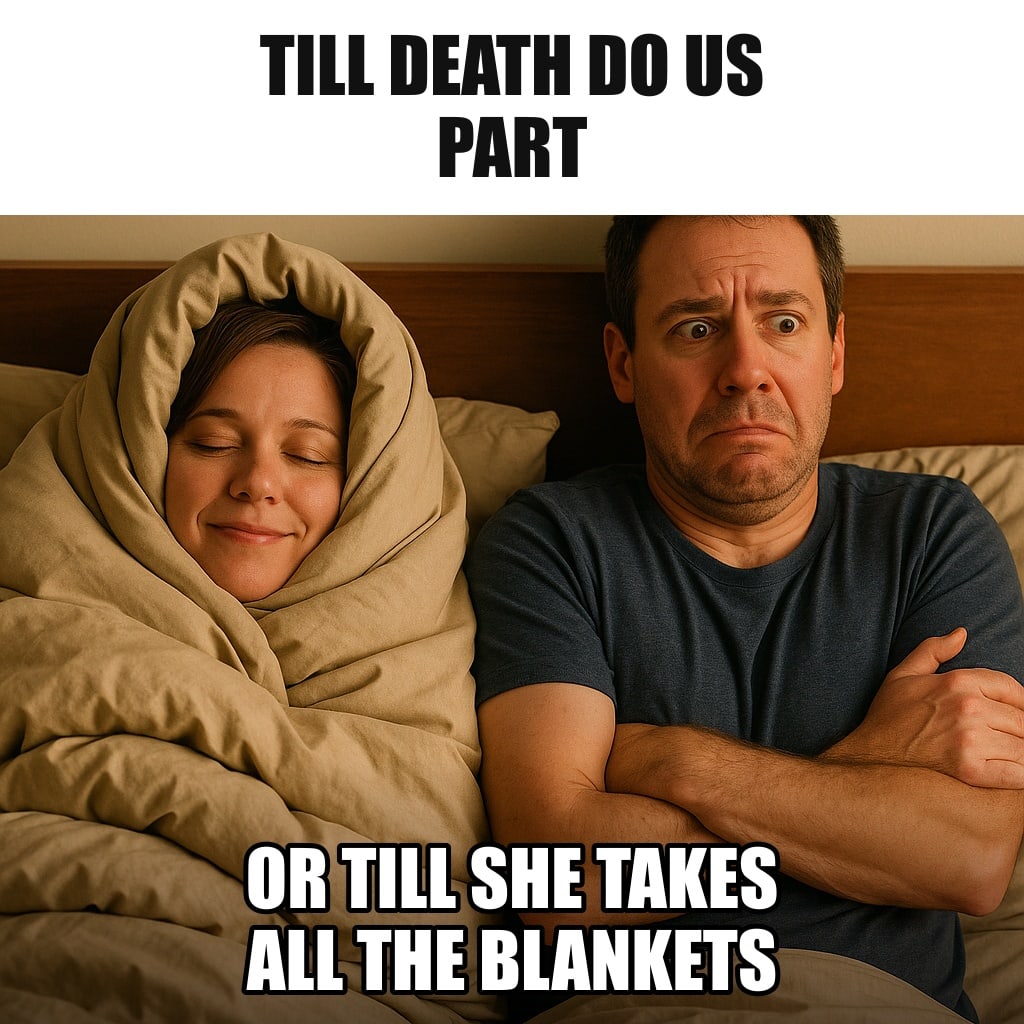 A married couple in bed, the wife wrapped completely in every blanket like a cozy burrito and sleeping peacefully, the husband beside her uncovered and shivering, awake. Caption: "Till death do us part Or till she takes all the blankets"
