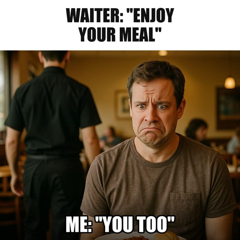 A man in a restaurant sitting at a table with a plate in front of him, frozen with a look of instant regret and embarrassment, a waiter walking away. Caption: "Waiter: "Enjoy your meal" Me: "You too""