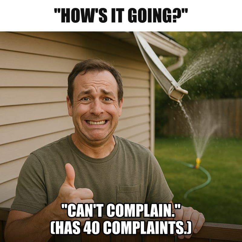 A man at a backyard fence with a cheerful strained smile giving a thumbs up, while behind him his gutter is hanging loose and a sprinkler is spraying the wrong way. Caption: ""How's it going?" "Can't complain." (Has 40 complaints.)"