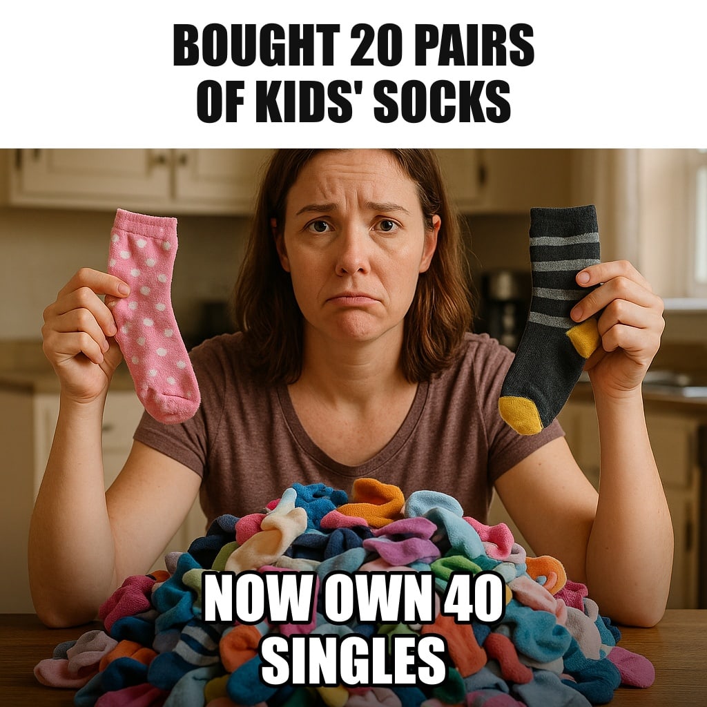A mom sitting at a kitchen table behind a huge heap of unmatched colorful children's socks, holding up two socks that obviously do not match, with a defeated stare. Caption: "Bought 20 pairs of kids' socks Now own 40 singles"