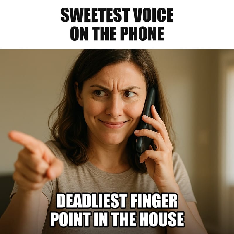 A mom holding a phone to her ear with a sweet polite smile while simultaneously pointing firmly at an off-camera child with her other hand and giving a stern look with her eyes. Caption: "Sweetest voice on the phone Deadliest finger point in the house"