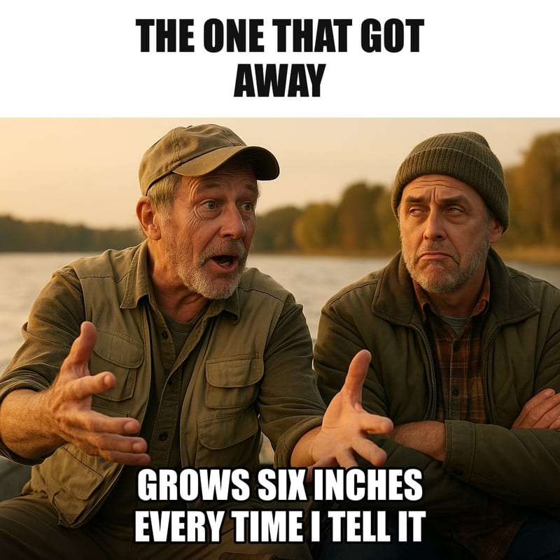 A weathered fisherman in a small boat on a lake holding his hands wide apart describing a fish, very earnest, his buddy beside him rolling his eyes. Caption: "The one that got away Grows six inches every time I tell it"