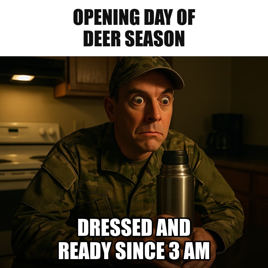 A man in full camouflage sitting at a dark kitchen table at 3 AM, wide awake and alert, gripping a thermos, only the stove light on. Caption: "Opening day of deer season Dressed and ready since 3 AM"