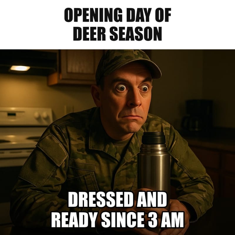 A man in full camouflage sitting at a dark kitchen table at 3 AM, wide awake and alert, gripping a thermos, only the stove light on. Caption: "Opening day of deer season Dressed and ready since 3 AM"