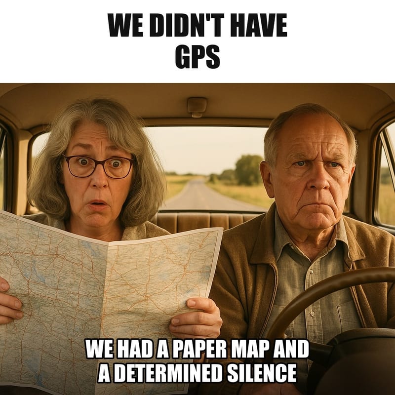 An older couple in a vintage car pulled over on a country road, the wife holding a huge unfolded paper road map that covers the whole dashboard, the husband staring straight ahead. Caption: "We didn't have GPS We had a paper map and a determined silence"