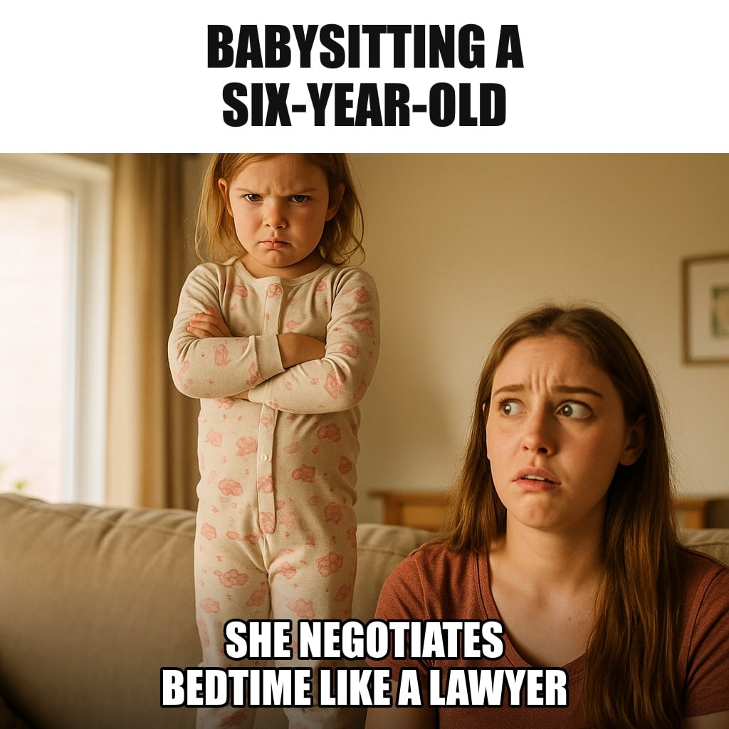 A little girl in pajamas standing on a couch with arms crossed and a serious businesslike expression, a teenage babysitter sitting in front of her looking bewildered. Caption: "Babysitting a six-year-old She negotiates bedtime like a lawyer"