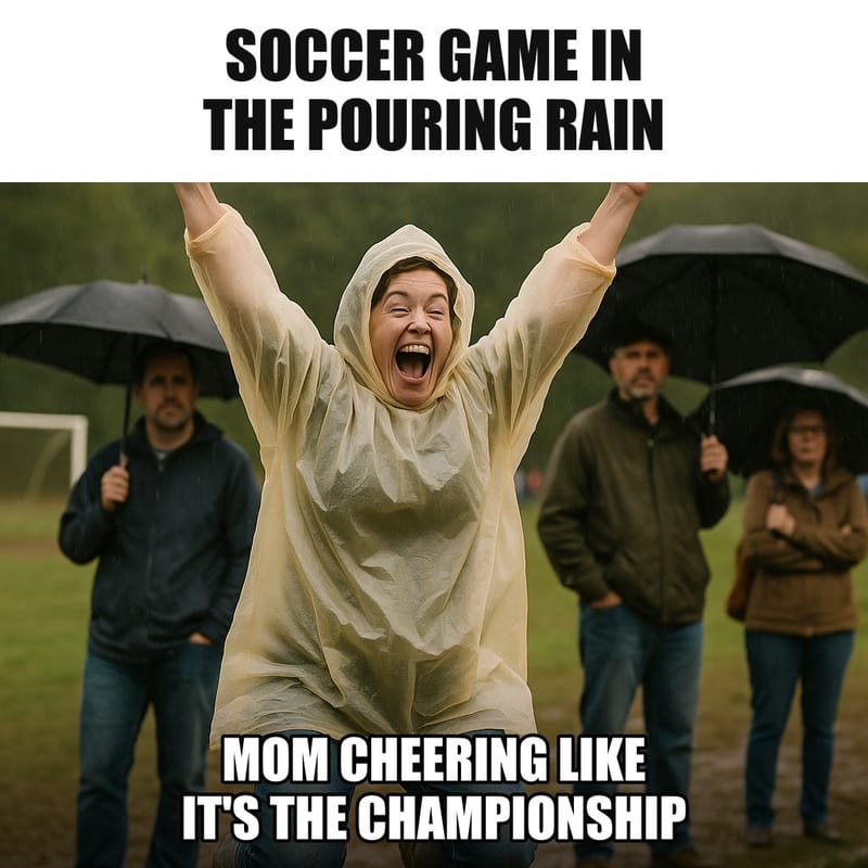 A mom in a rain poncho on the sideline of a muddy youth soccer field jumping and cheering wildly with both arms up, other parents under umbrellas. Caption: "Soccer game in the pouring rain Mom cheering like it's the championship"