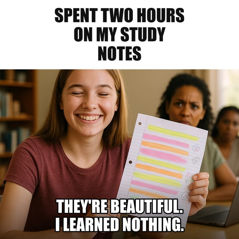 A teenage girl at a desk proudly holding up a notebook page decorated with colorful highlighter stripes and doodles, facing away from the camera, her face pleased then worried. Caption: "Spent two hours on my study notes They're beautiful. I learned nothing."