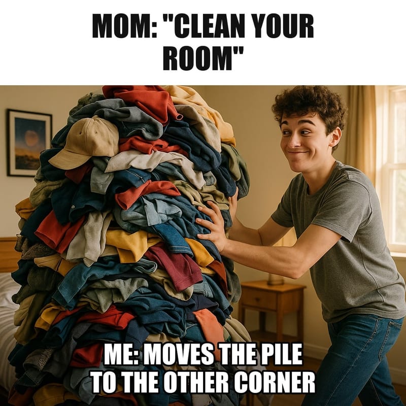 A teenager pushing a giant heap of clothes and stuff from one corner of a bedroom to the other corner, looking pleased with the result. Caption: "Mom: "Clean your room" Me: moves the pile to the other corner"