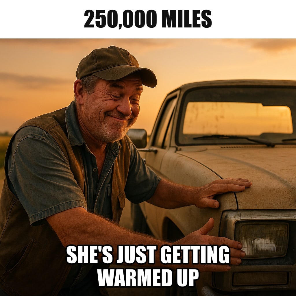 A weathered man lovingly patting the hood of an old dusty faded pickup truck on a gravel farm road at sunset, with a proud grin. Caption: "250,000 miles She's just getting warmed up"