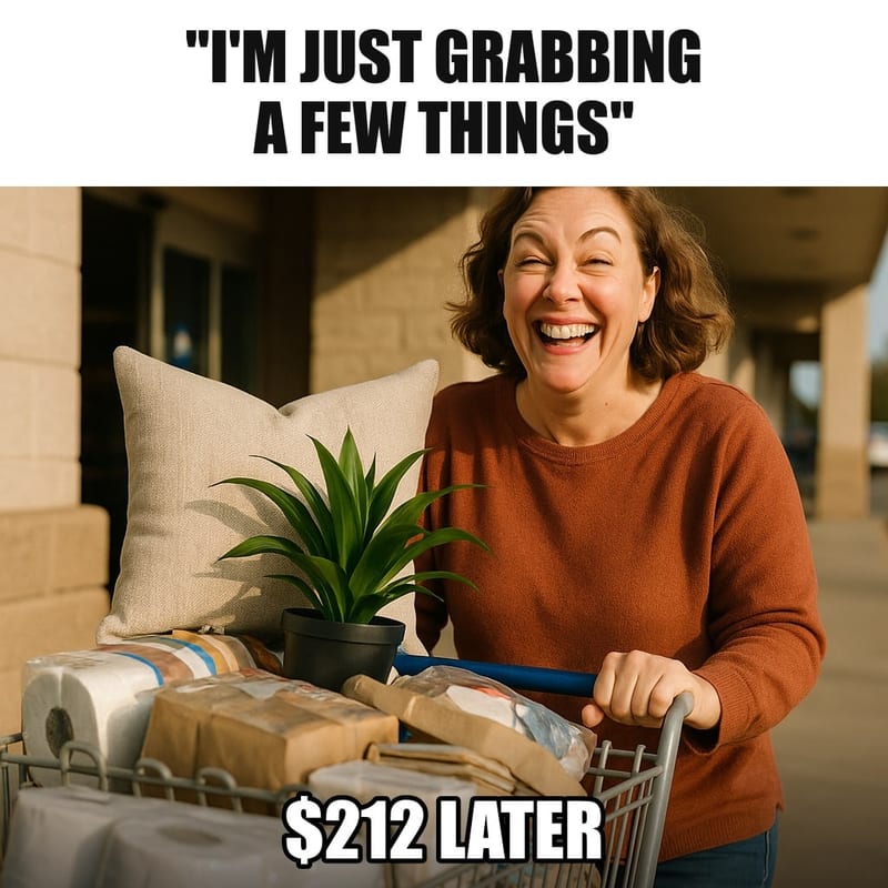 A woman pushing an overflowing shopping cart out of a big-box store with a pleasant, completely unapologetic smile, a throw pillow and a plant on top. Caption: ""I'm just grabbing a few things" $212 later"