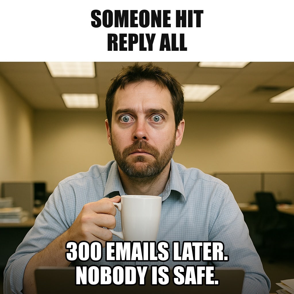 A man at an office desk staring past his laptop with a haunted thousand-yard stare, coffee cup frozen halfway to his mouth, fluorescent office lighting. Caption: "Someone hit reply all 300 emails later. Nobody is safe."