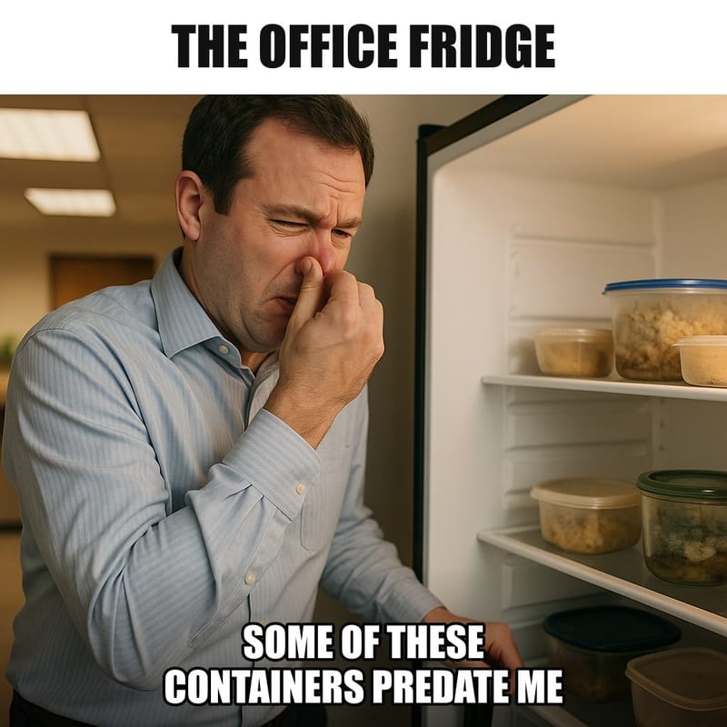 An office worker opening a shared office refrigerator and recoiling slightly, holding his nose, looking at a row of old lunch containers. Caption: "The office fridge Some of these containers predate me"