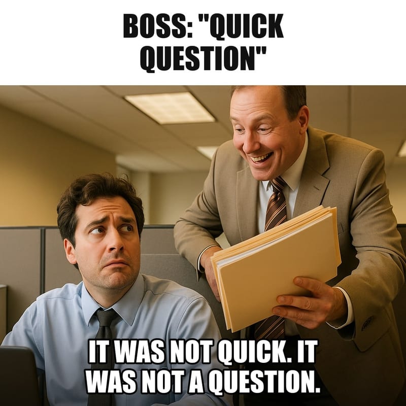A worried office employee at a cubicle desk, looking up with dread as a cheerful manager leans over the cubicle wall holding a thick folder. Caption: "Boss: "Quick question" It was not quick. It was not a question."