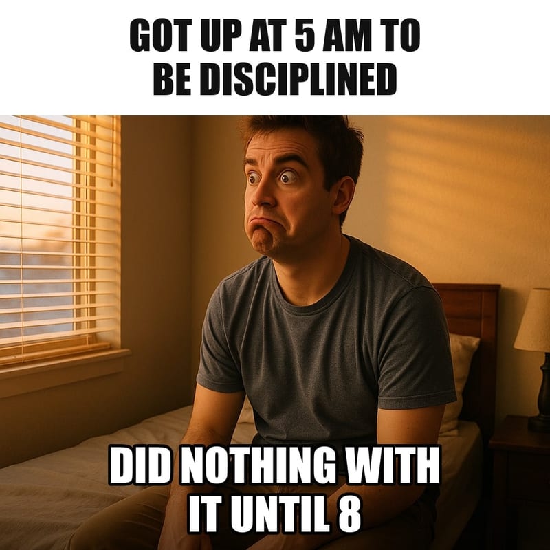 A young man sitting on the edge of his bed at dawn, fully dressed and wide awake, staring at the wall with nothing to do, sunrise through blinds. Caption: "Got up at 5 AM to be disciplined Did nothing with it until 8"