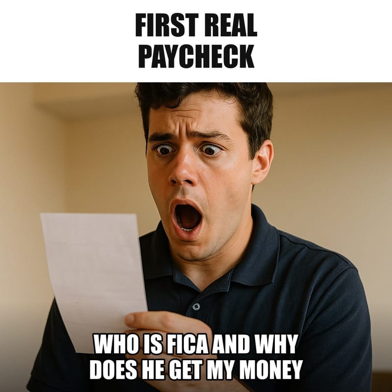 A young man in a work polo holding a pay stub facing away from the camera, staring at it in betrayed horror, mouth open. Caption: "First real paycheck Who is FICA and why does he get my money"