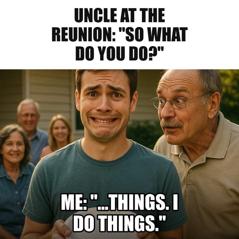 A young man at a backyard family reunion holding a paper plate, frozen with a nervous forced smile as an older uncle looks at him expectantly. Caption: "Uncle at the reunion: "So what do you do?" Me: "...Things. I do things.""