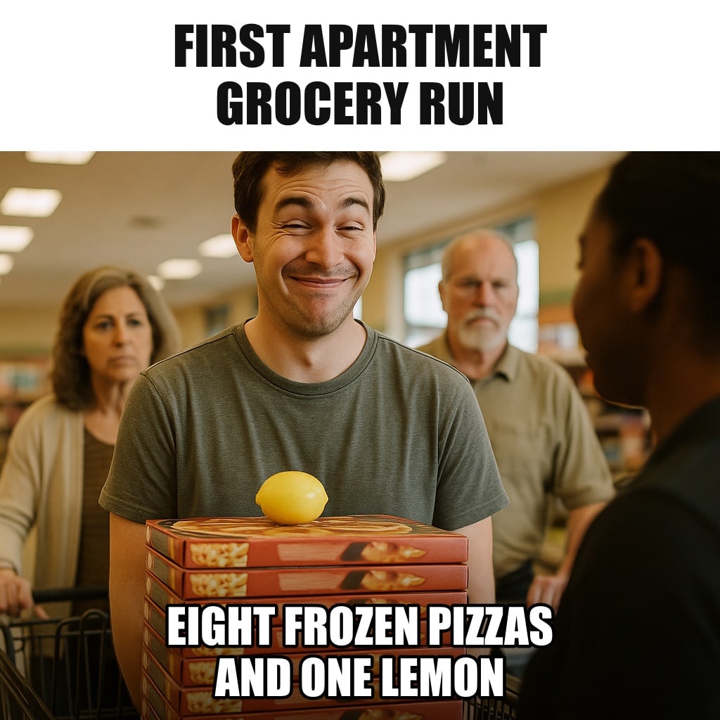 A young man in his twenties at a grocery checkout with a shopping cart full of frozen pizza boxes and a single lemon sitting on top, looking pleased. Caption: "First apartment grocery run Eight frozen pizzas and one lemon"
